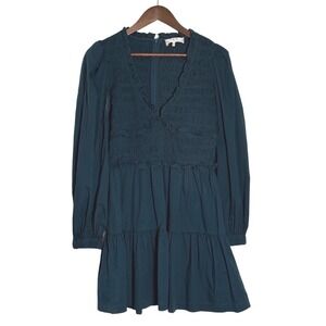 Sea New York Smocked Gaia Tiered Mini Dress Teal Blue Cotton Long Sleeve Size 8